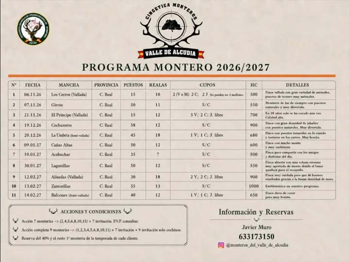 Programa Monterias Valle de Alcudia Caza Montero 2024